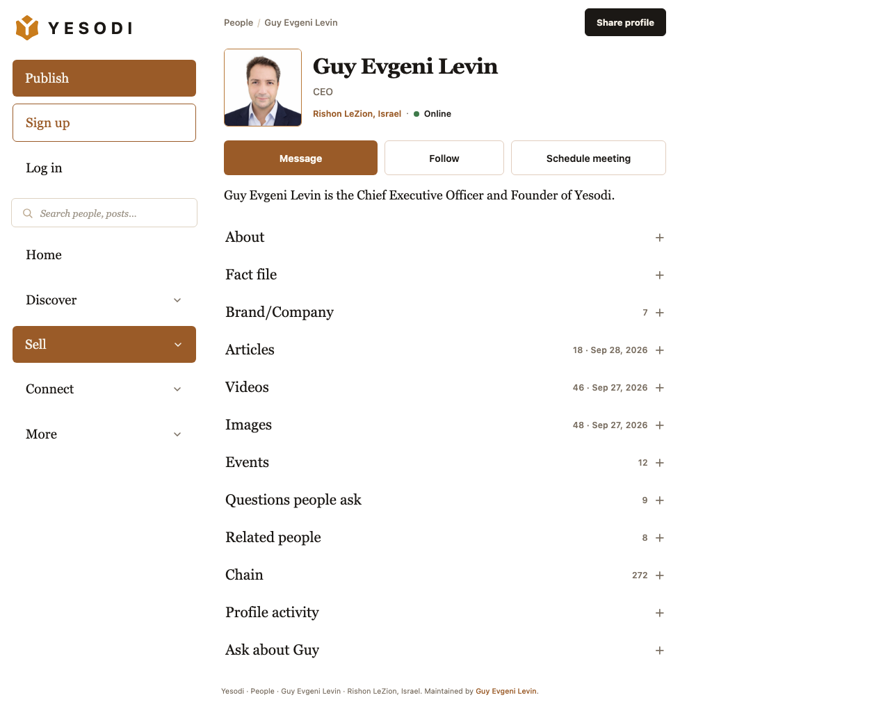 A real, complete Yesodi profile showing the profile header, contact actions, and expandable sections for About, articles, videos, images, events and network