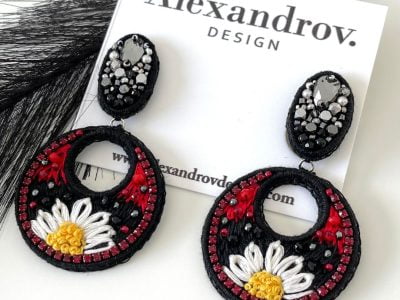 Chamomile beaded crystal embroidery studs earrings.