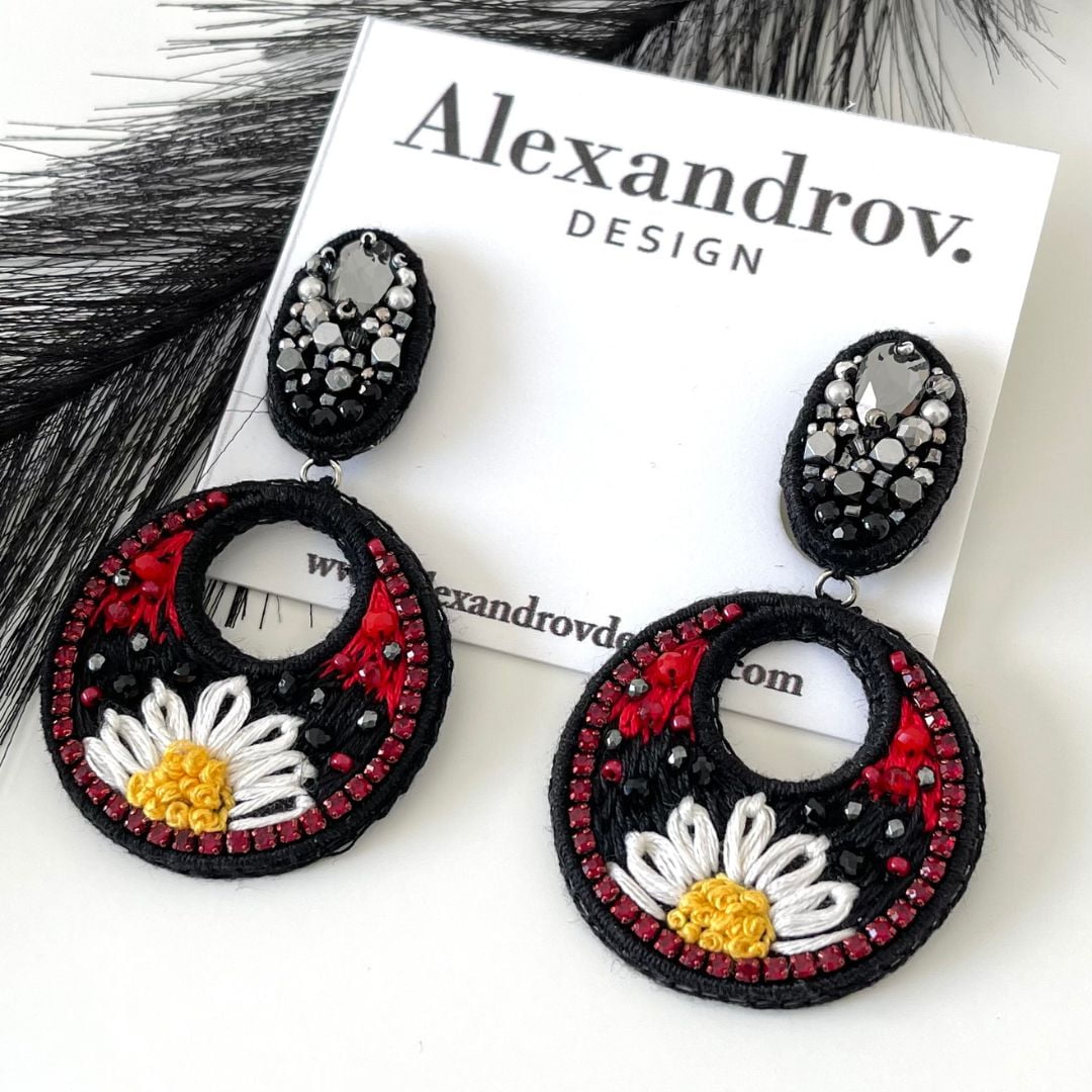 Chamomile beaded crystal embroidery studs earrings.