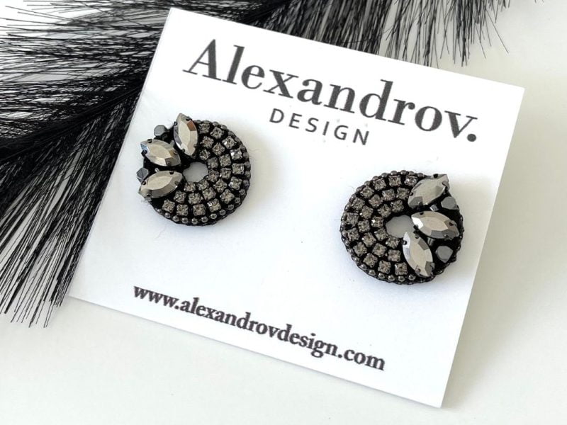 Round hematite stone crystal embroidery beaded studs earrings.