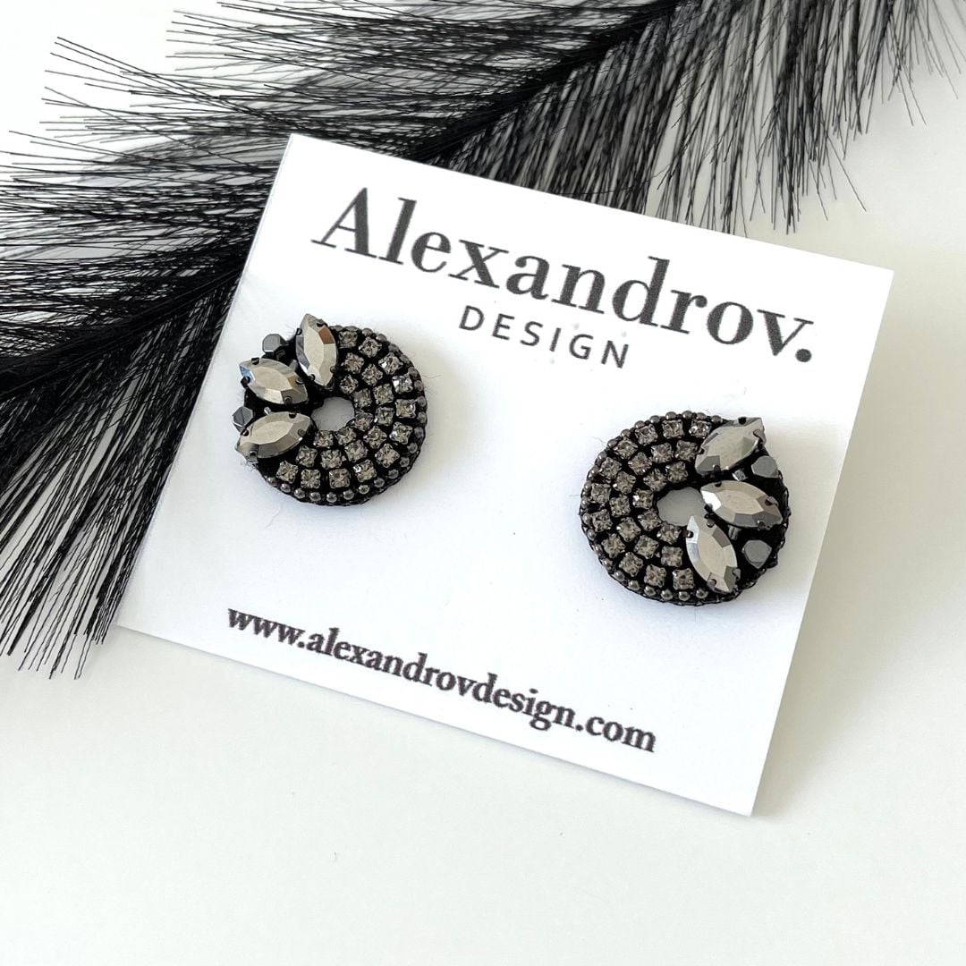 Round hematite stone crystal embroidery beaded studs earrings.