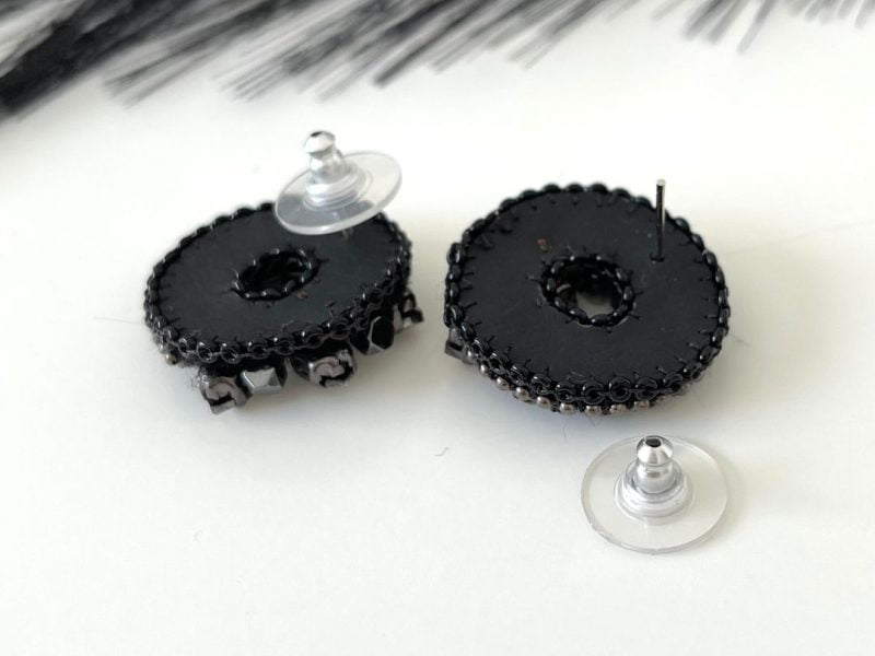 Round hematite stone crystal embroidery beaded studs earrings.