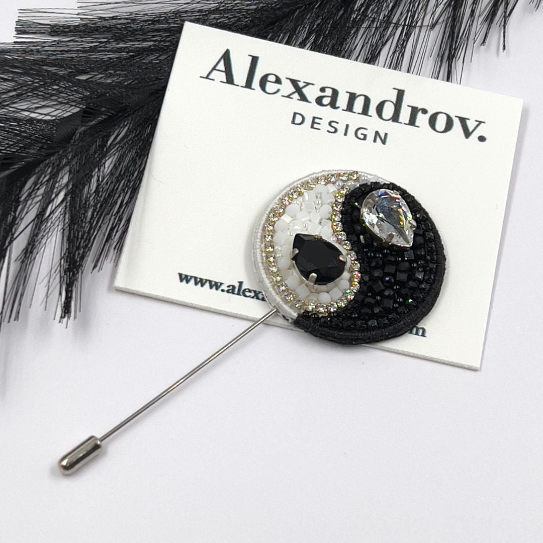 Yin & Yang amulet balance embroidery beaded brooch.