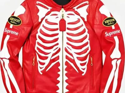 Skeleton Red Supreme Vanson Red Leather Jacket Availability Stock IconIn Stock