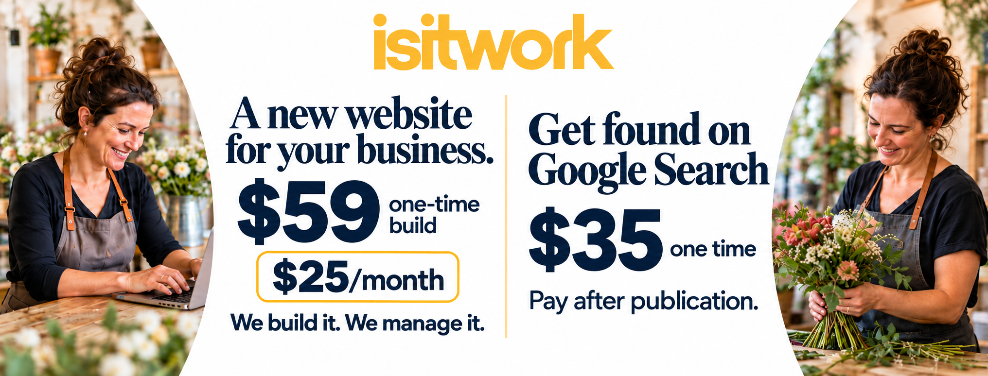 isitwork: 59 dollar one time website build plus 25 dollars per month, and 35 dollars to get found on Google Search, pay after publication